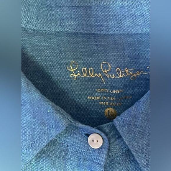 Lilly Pulitzer Blue Linen Shirt Blouse Women's Size Large Button Front freshly D - Picture 7 of 10